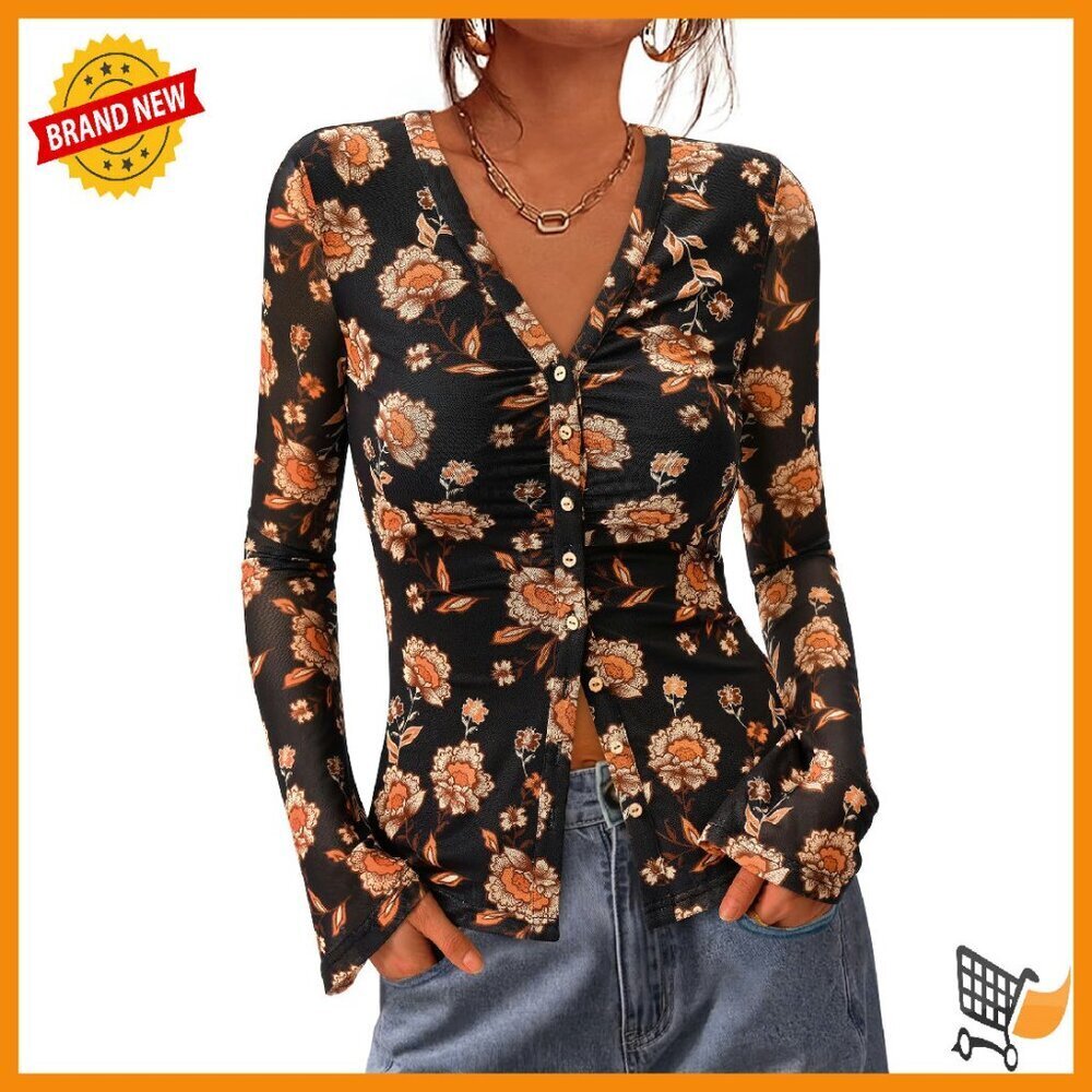 Mesh Bell Sleeve Button Down Blouse Slim Fit Long Sleeve V Neck